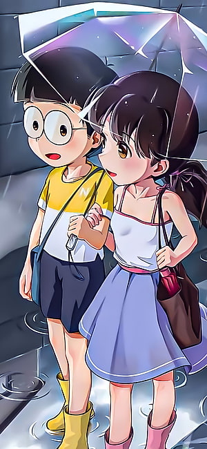 Nobita and Suzuka Sharing an Umbrella in the Rain HD phone wallpaper