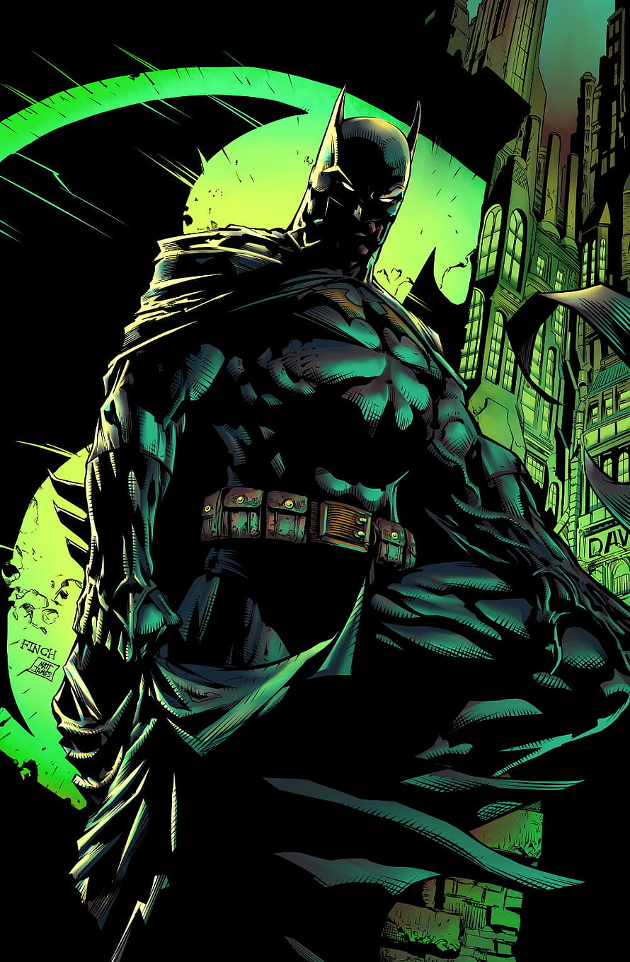 Batman Comic Artwork by Sabrina Votano in Dark Green and Black Cityscape HD phone wallpaper