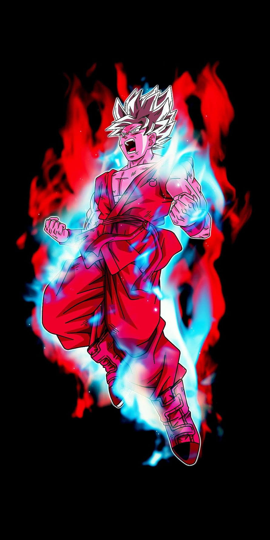 Goku Ultra Instinct in Red Gi with Blue Aura and Red Flames on Black Background HD phone wallpaper