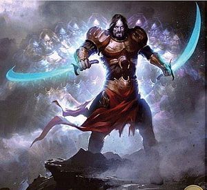 Ravana Wielding Twin Glowing Swords in Epic Fantasy Battle Art HD wallpaper
