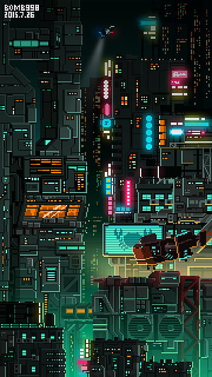 Cyberpunk Pixel Art Cityscape with Neon Lights and Flying Character HD phone wallpaper