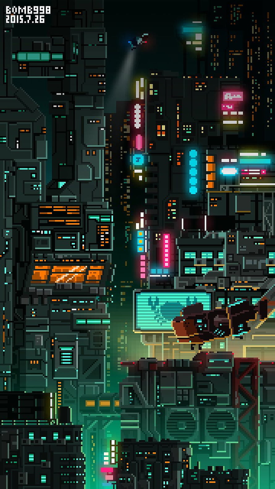 Cyberpunk Pixel Art Cityscape with Neon Lights and Flying Character HD phone wallpaper