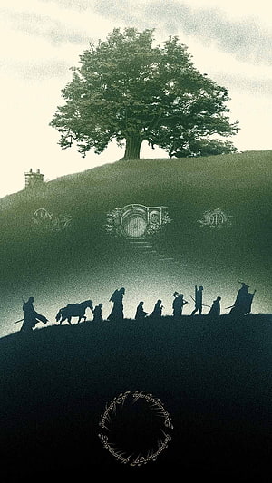 Lord of the Rings Hobbiton Hill Silhouette with Ring Inscription and Tree HD phone wallpaper