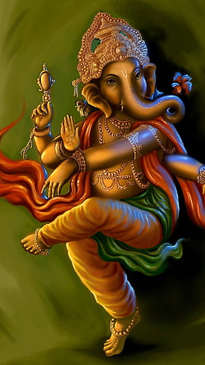 Lord Ganesha in Dynamic Dance Pose with Ornate Gold Jewelry and Flowing Red Drape HD phone wallpaper
