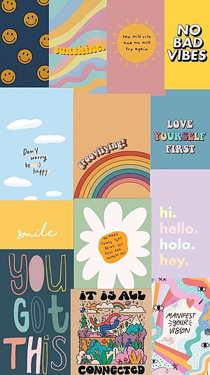 Colorful Positive Affirmation Collage with Retro Typography and Doodle Art HD phone wallpaper