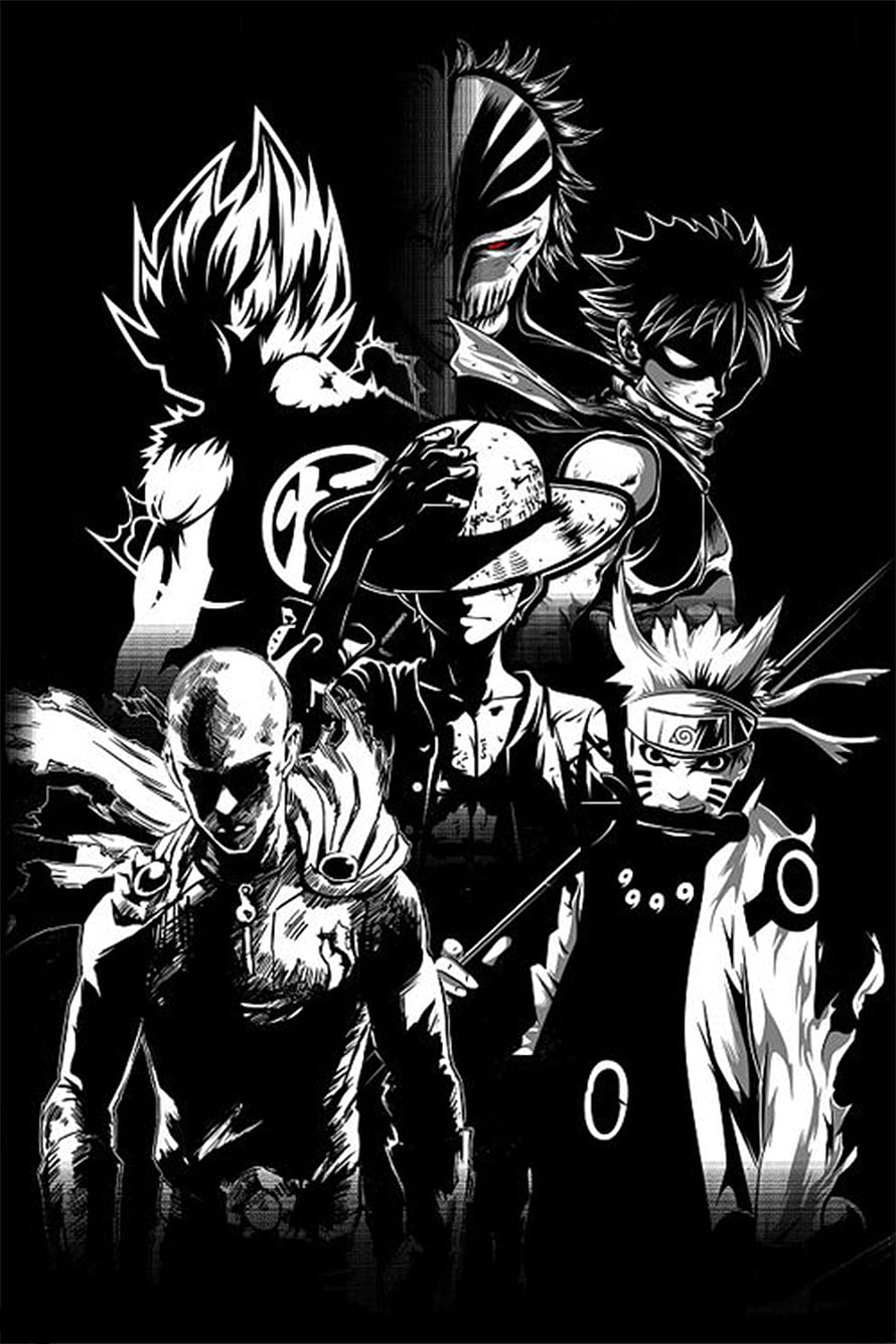 Monochrome Anime Villain Group Portrait with High Contrast Ink Style HD phone wallpaper