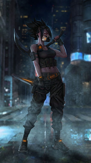 Akali K/DA Headhunter Concept Art in Cyberpunk City HD phone wallpaper