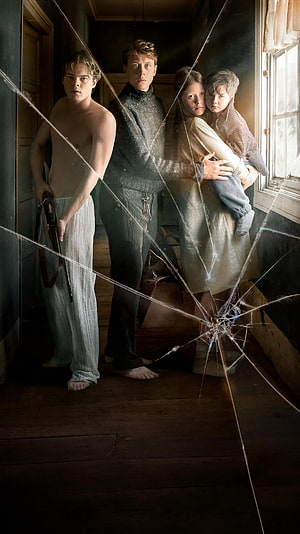 Marrowbone Movie Poster Featuring Four Siblings Behind Shattered Glass in Dim Interior HD phone wallpaper