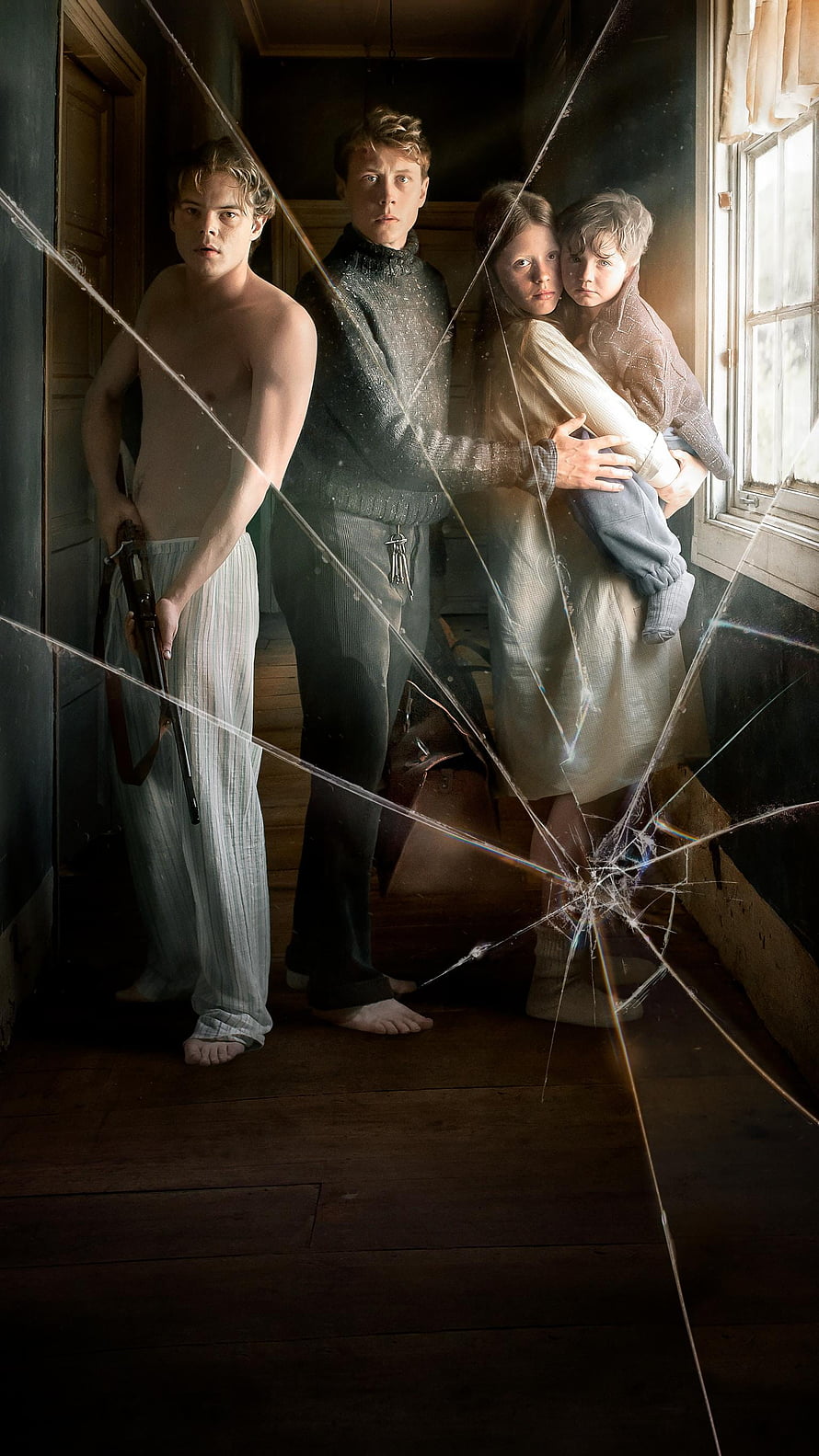 Marrowbone Movie Poster Featuring Four Siblings Behind Shattered Glass in Dim Interior HD phone wallpaper