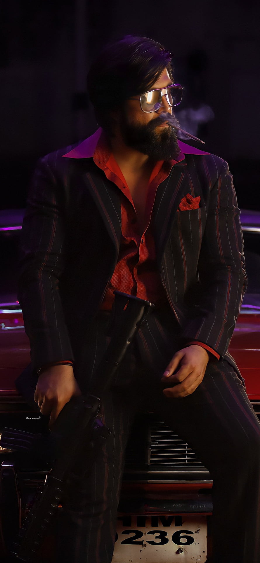 Yash as Rocky in KGF Chapter 2, Pinstripe Suit, Sunglasses, and Cigar in a Dark Cinematic Scene HD phone wallpaper
