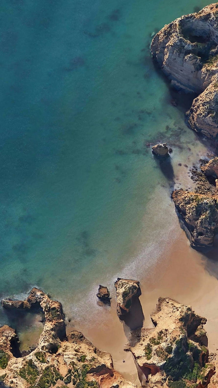 Aerial View of Turquoise Coastal Coves and Rocky Cliffs in Lagos, Portugal HD phone wallpaper