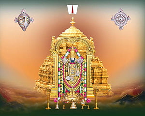 Lord Venkateswara Temple Shrine with Golden Garlands and Ritual Offerings HD wallpaper