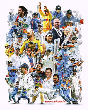 Indian Cricket Team Player Collage Featuring MS Dhoni and World Cup Trophies HD phone wallpaper