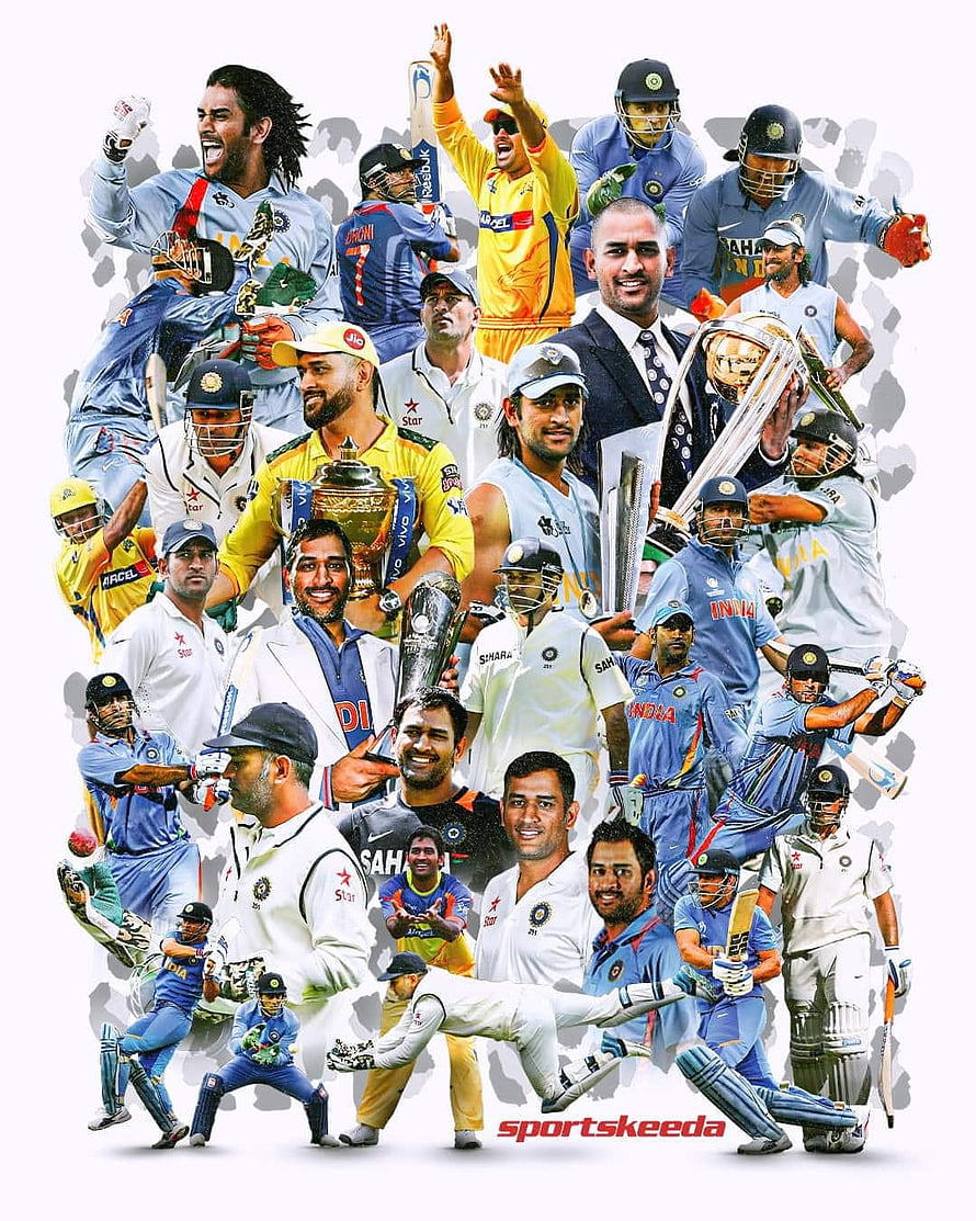Indian Cricket Team Player Collage Featuring MS Dhoni and World Cup Trophies HD phone wallpaper