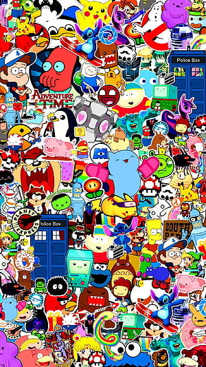 Vibrant Pop Culture Mosaic Featuring Adventure Time, Pokemon, and Classic Cartoon Characters HD phone wallpaper