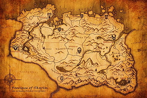 Skyrim Province Map with Detailed Regions and Landmarks on Aged Parchment HD wallpaper
