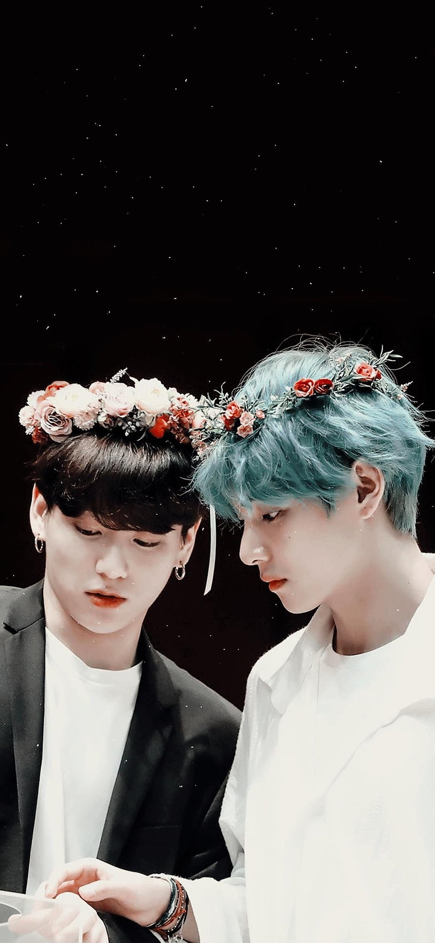 V and Jungkook from BTS wearing floral crowns in a romantic portrait HD phone wallpaper
