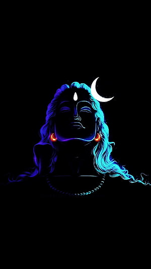 Neon Shiva Portrait with Crescent Moon and Glowing Blue Hair on Black Background HD phone wallpaper