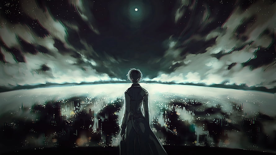 Ken Kaneki from Tokyo Ghoul Gazing Over a Misty City at Night HD wallpaper