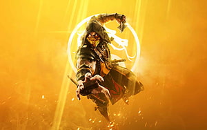 Scorpion from Mortal Kombat in a Dynamic Fighting Pose with Golden Energy Aura HD wallpaper