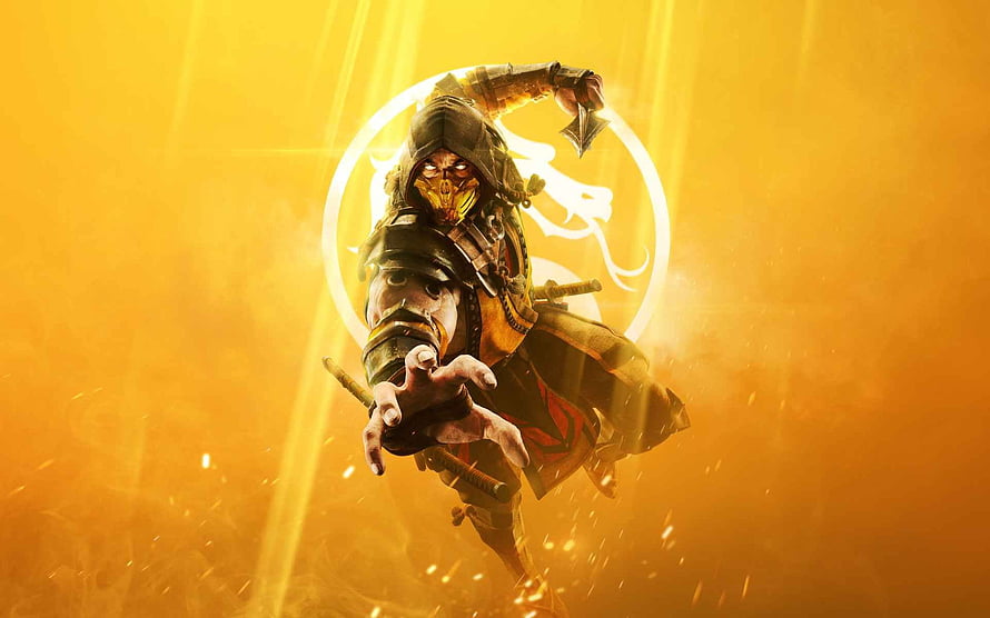 Scorpion from Mortal Kombat in a Dynamic Fighting Pose with Golden Energy Aura HD wallpaper