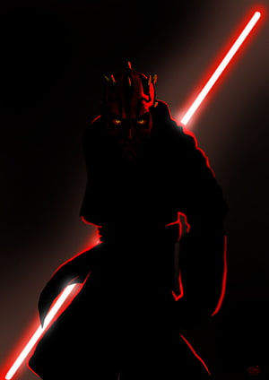 Darth Maul Silhouette Wielding Dual Red Lightsabers in Dark Cinematic Art HD phone wallpaper