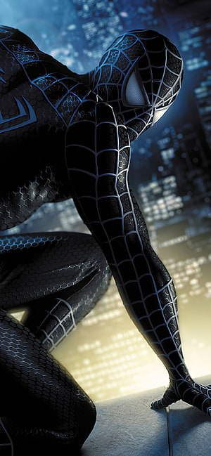 Black Spider-Man Crouching on Rooftop with City Lights at Night, Black Spider Man XS MAX , , Background, and , Spider Man Mobile HD phone wallpaper