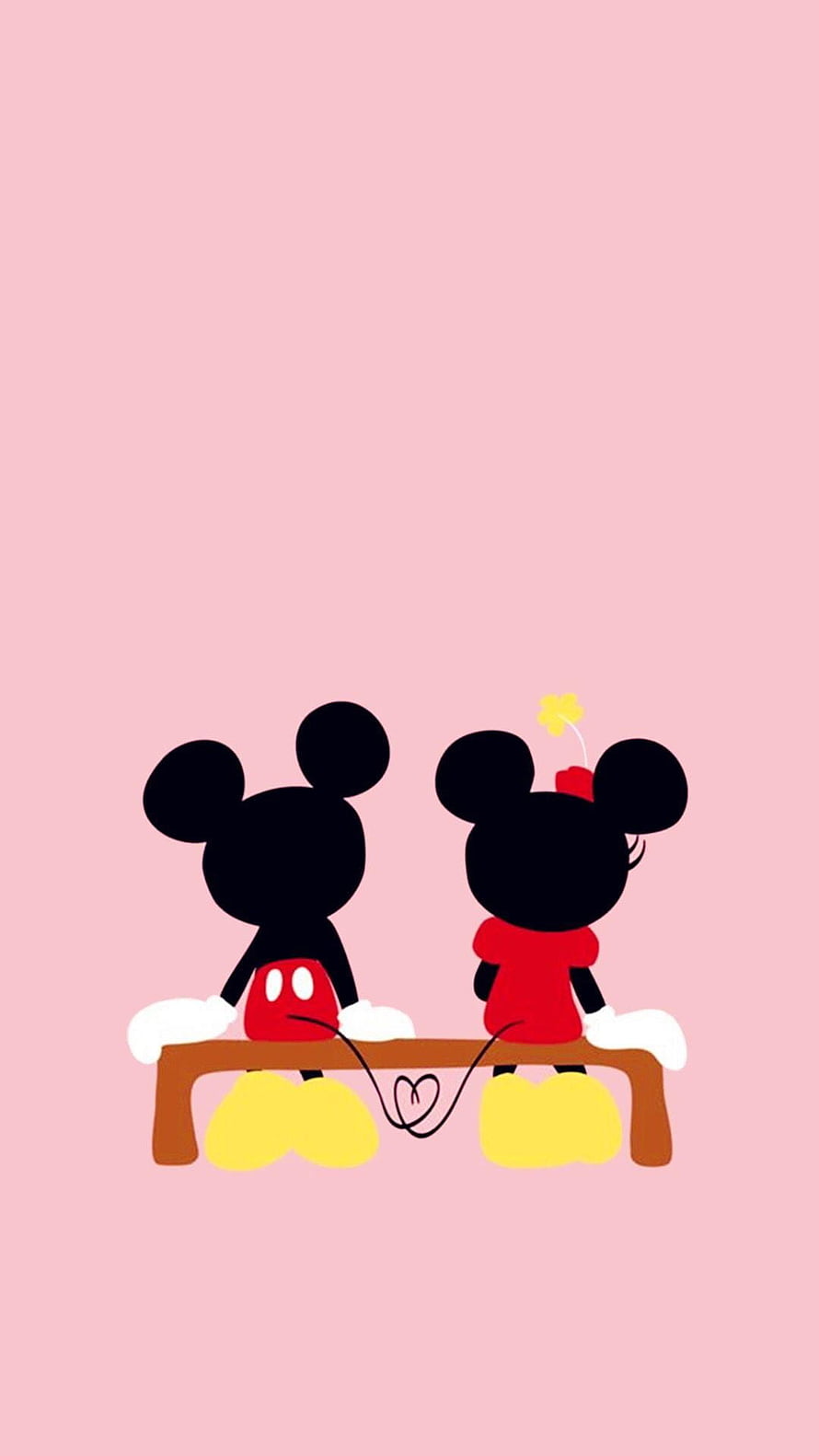 Mickey and Minnie Mouse Sitting on a Bench with Interlocked Hands on a Pink Background HD phone wallpaper