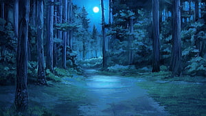 Mystical Night Forest Path Under Full Moon in Anime Style HD wallpaper