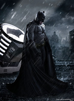 Ben Affleck Batman in Dark Knight Armor Standing in Rain with Bat-Signal HD phone wallpaper