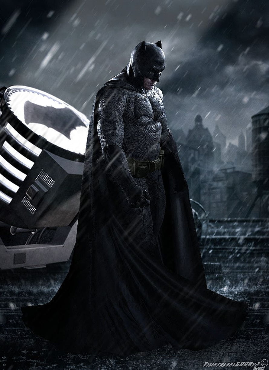 Ben Affleck Batman in Dark Knight Armor Standing in Rain with Bat-Signal HD phone wallpaper