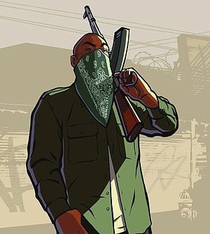 Grand Theft Auto San Andreas Masked Character Illustration with Rifle HD phone wallpaper