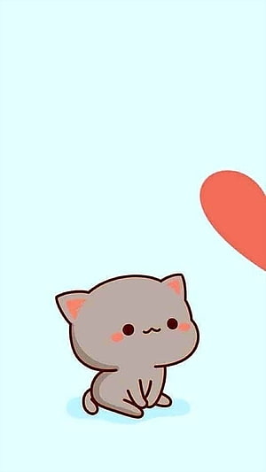 Cute Kawaii Grey Cat Sitting With Red Heart On Pastel Blue Background HD phone wallpaper