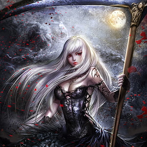 Gothic Vampire Lady with Scythe and White Hair Under a Full Moon HD wallpaper