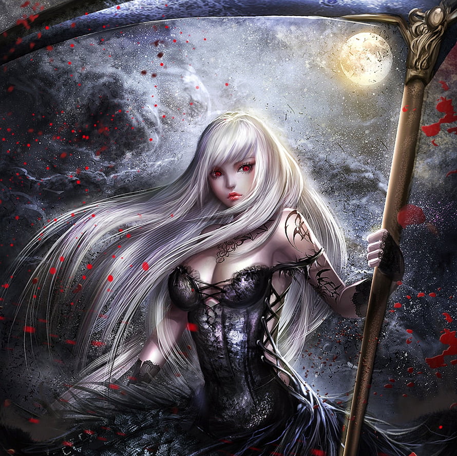 Gothic Vampire Lady with Scythe and White Hair Under a Full Moon HD wallpaper