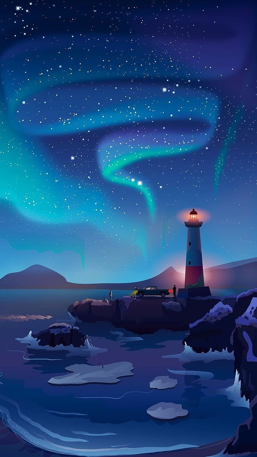 Coastal Lighthouse Under Swirling Aurora Borealis and Starry Night Sky HD phone wallpaper