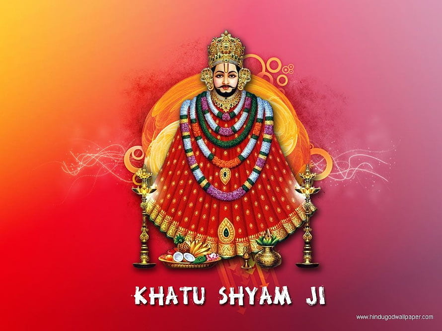 Khatu Shyam Ji Devotional Portrait in Red Attire with Diyas and Offerings HD wallpaper