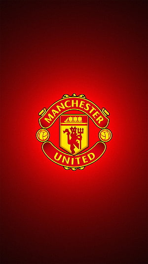 Manchester United Club Crest Emblem on Deep Red Gradient Background HD phone wallpaper
