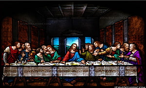 Stained Glass Artwork Depicting The Last Supper With Jesus And The Twelve Apostles Seated At A Long Table HD wallpaper