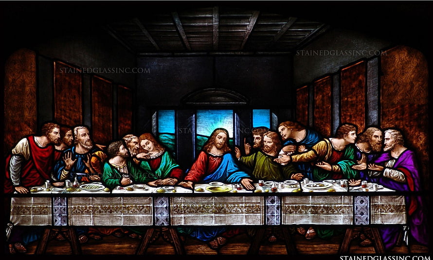 Stained Glass Artwork Depicting The Last Supper With Jesus And The Twelve Apostles Seated At A Long Table HD wallpaper