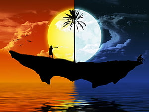 Split Horizon Silhouette: Floating Island with Palm Tree, Sun and Moon Over Water HD wallpaper