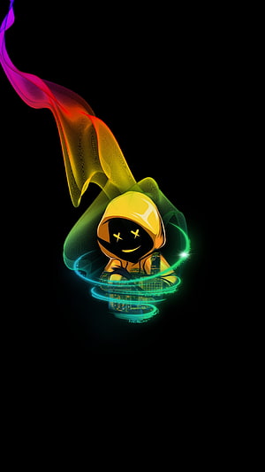 Glowing Hooded Hacker Character with Neon Rainbow Trail on Black Background HD phone wallpaper