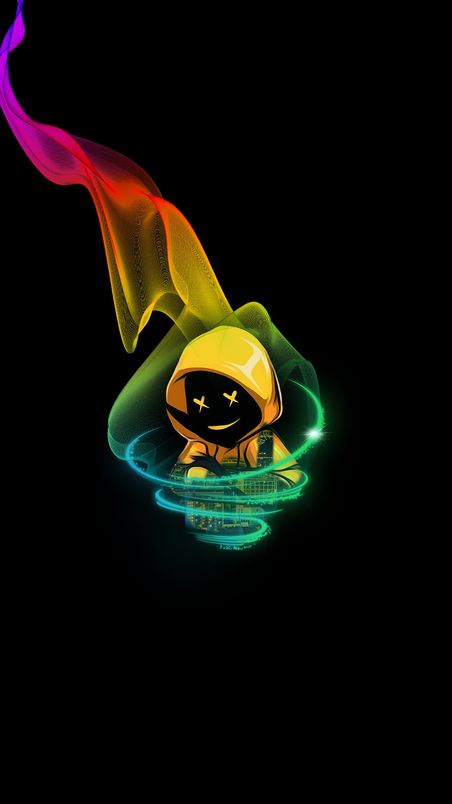 Glowing Hooded Hacker Character with Neon Rainbow Trail on Black Background HD phone wallpaper
