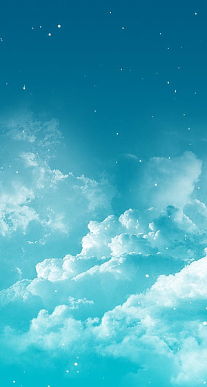 Serene Light Blue Sky with Fluffy White Clouds and Floating Particles HD phone wallpaper