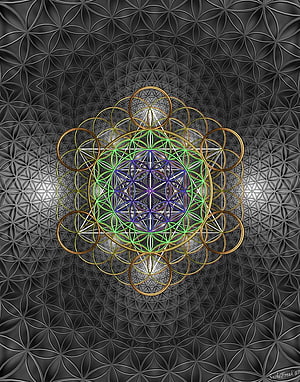 Sacred Geometry Flower of Life Mandala with Golden and Green Circles on Dark Background HD phone wallpaper