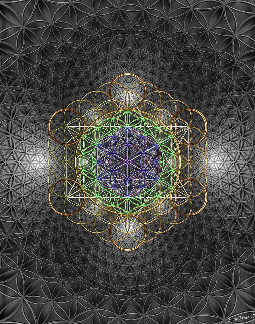 Sacred Geometry Flower of Life Mandala with Golden and Green Circles on Dark Background HD phone wallpaper
