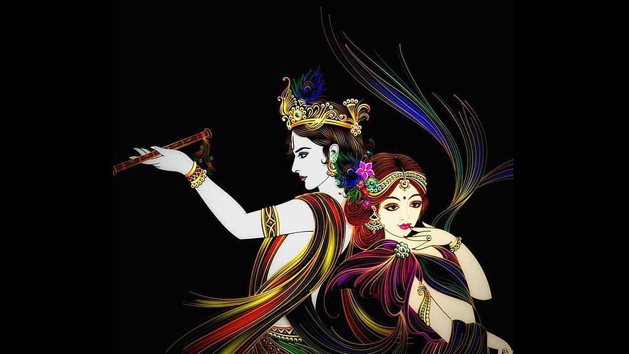Radha Krishna Divine Couple Digital Art with Flute and Peacock Crown HD wallpaper