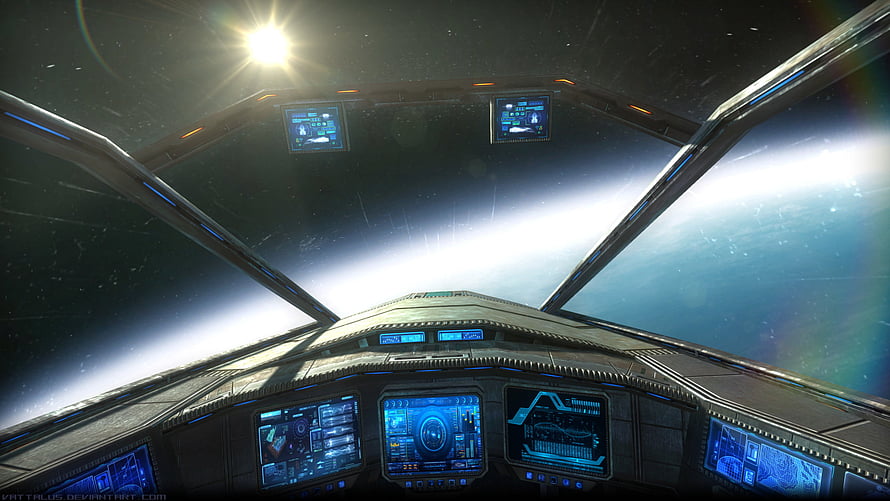 Futuristic Spaceship Cockpit View of a Planet Horizon and Star in Deep Space HD wallpaper