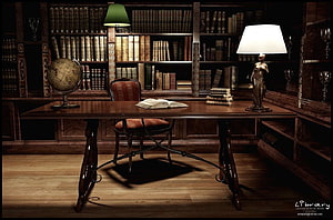 Classic Wooden Study Room with Antique Desk, Globe, and Bookshelves HD wallpaper