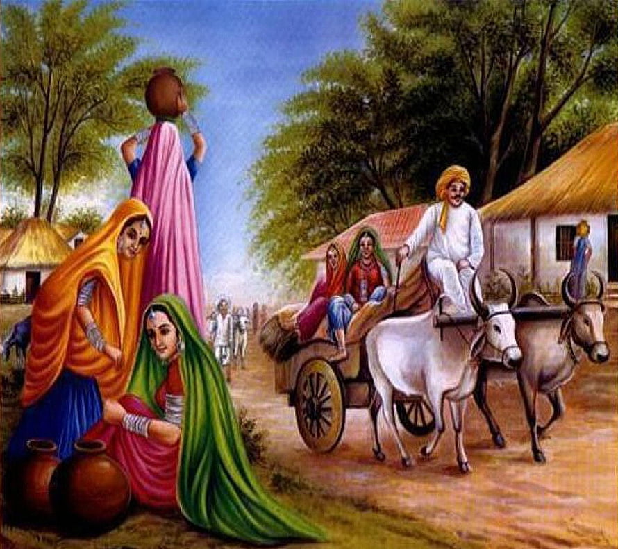 Rajasthani Village Scenery Painting with Women in Traditional Attire and Ox-Cart HD wallpaper